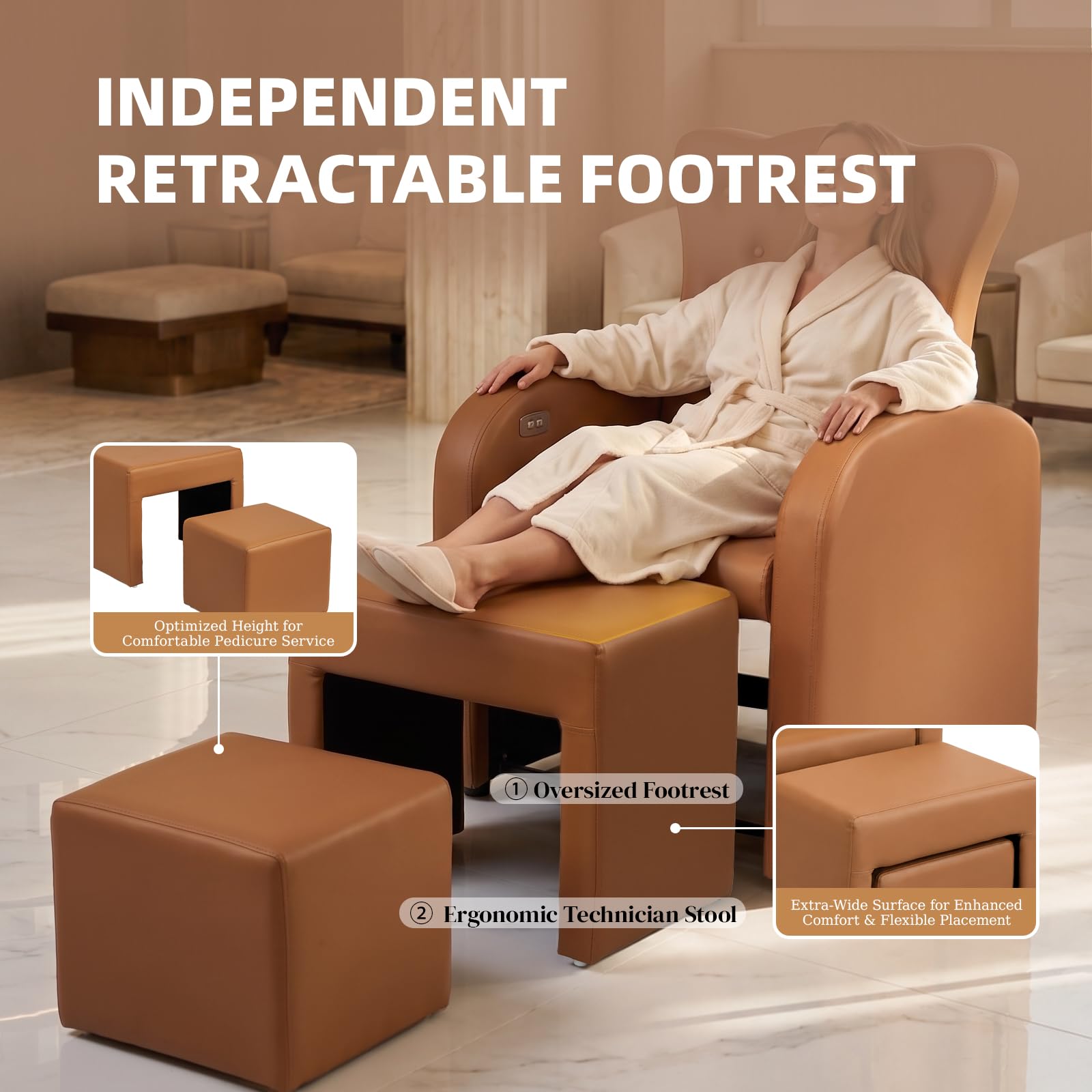 OmySalon PCE-BD 3-in-1 Plumbless Electric Pedicure Chair With Technician Stool Footrest And Adjustable Backrest