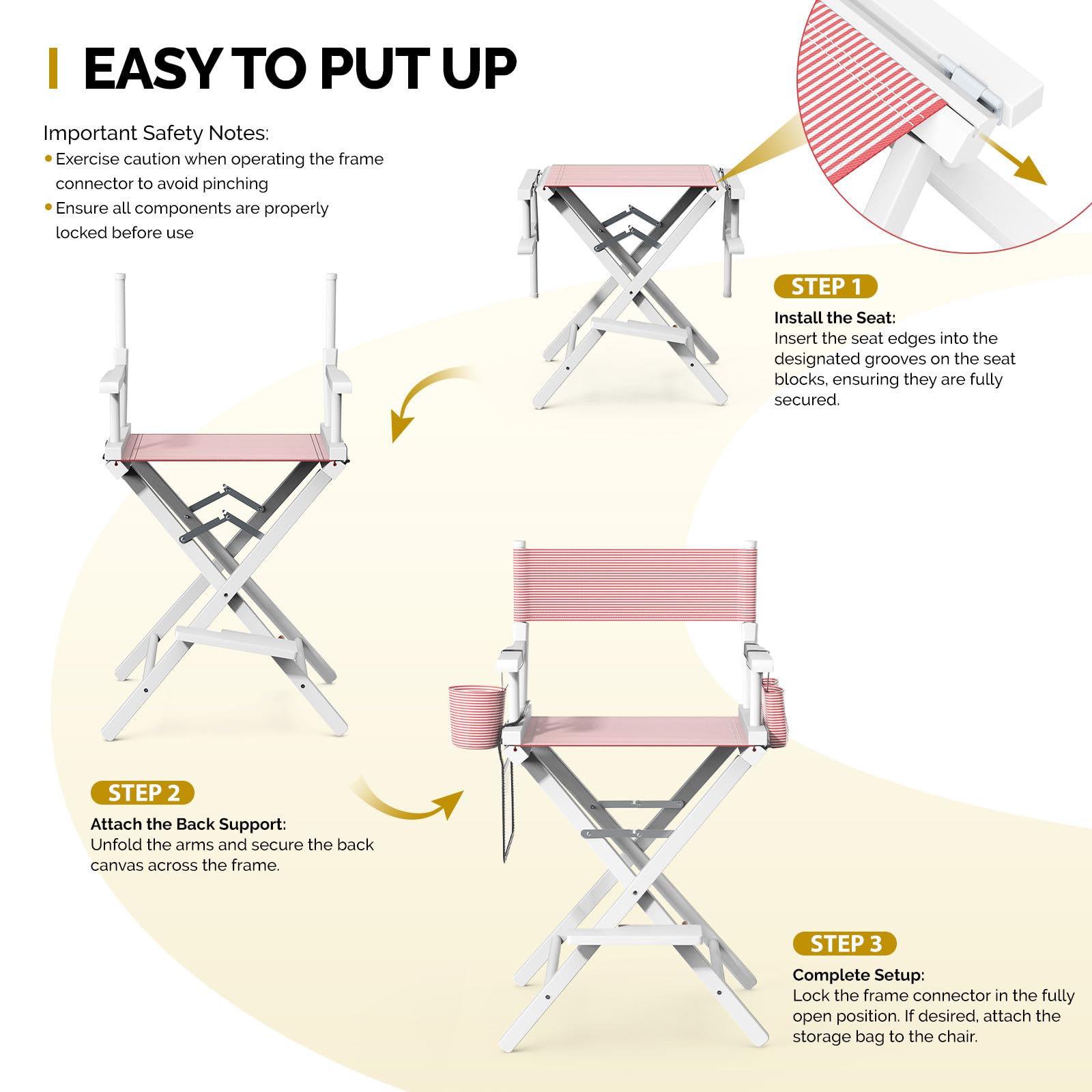 OmySalon 26in Wooden Portable Director Chair Folding Makeup Chair with Storage Pouch