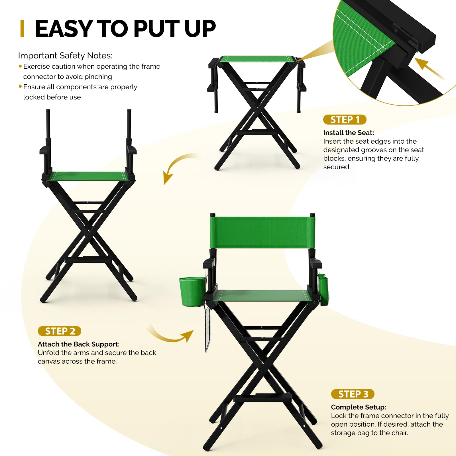 OmySalon 31in Wooden Portable Director Chair Folding Makeup Chair with Storage Pouch