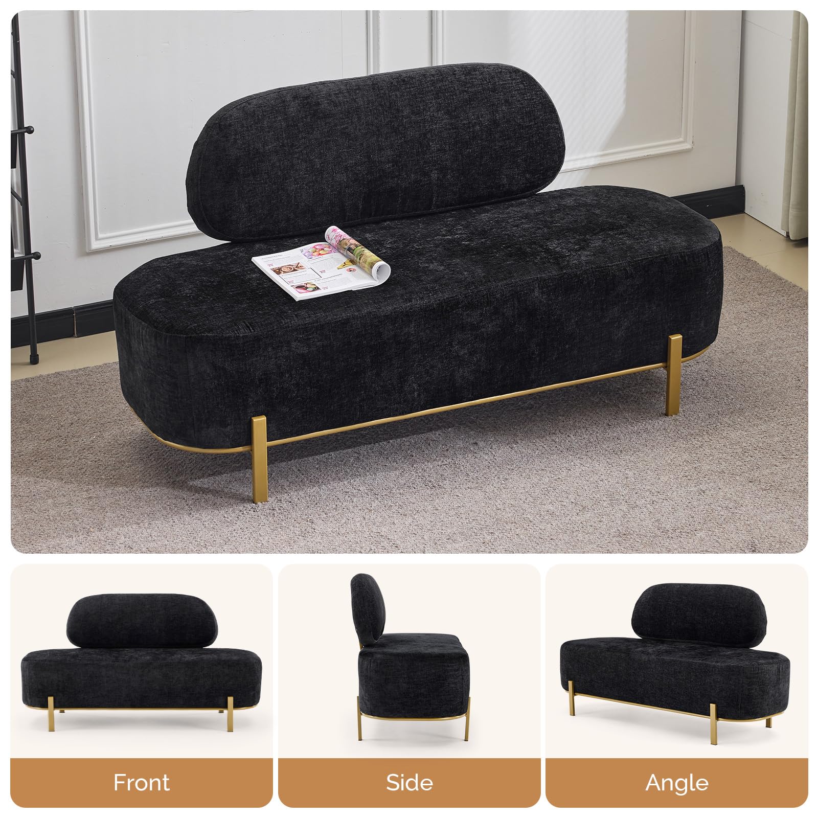 OmySalon WRB1801 55.1in Faux Leather Upholstered Waiting Room Reception Bench Chair with Backrest