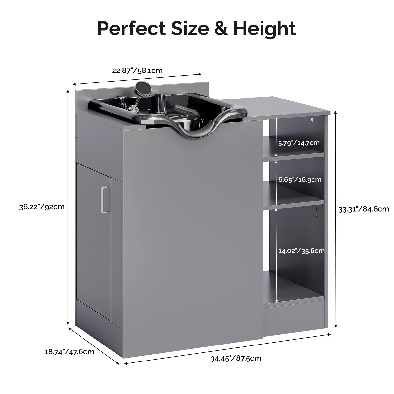 Omysalon HWCOC Salon Wet Cabinet Station with Shampoo Bowl & Adjustable Shelves & Sprayer Faucet