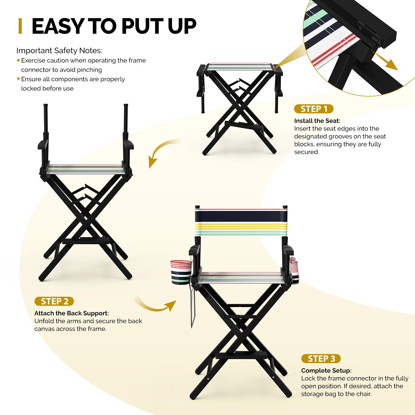 OmySalon 26in Wooden Portable Director Chair Folding Makeup Chair with Storage Pouch