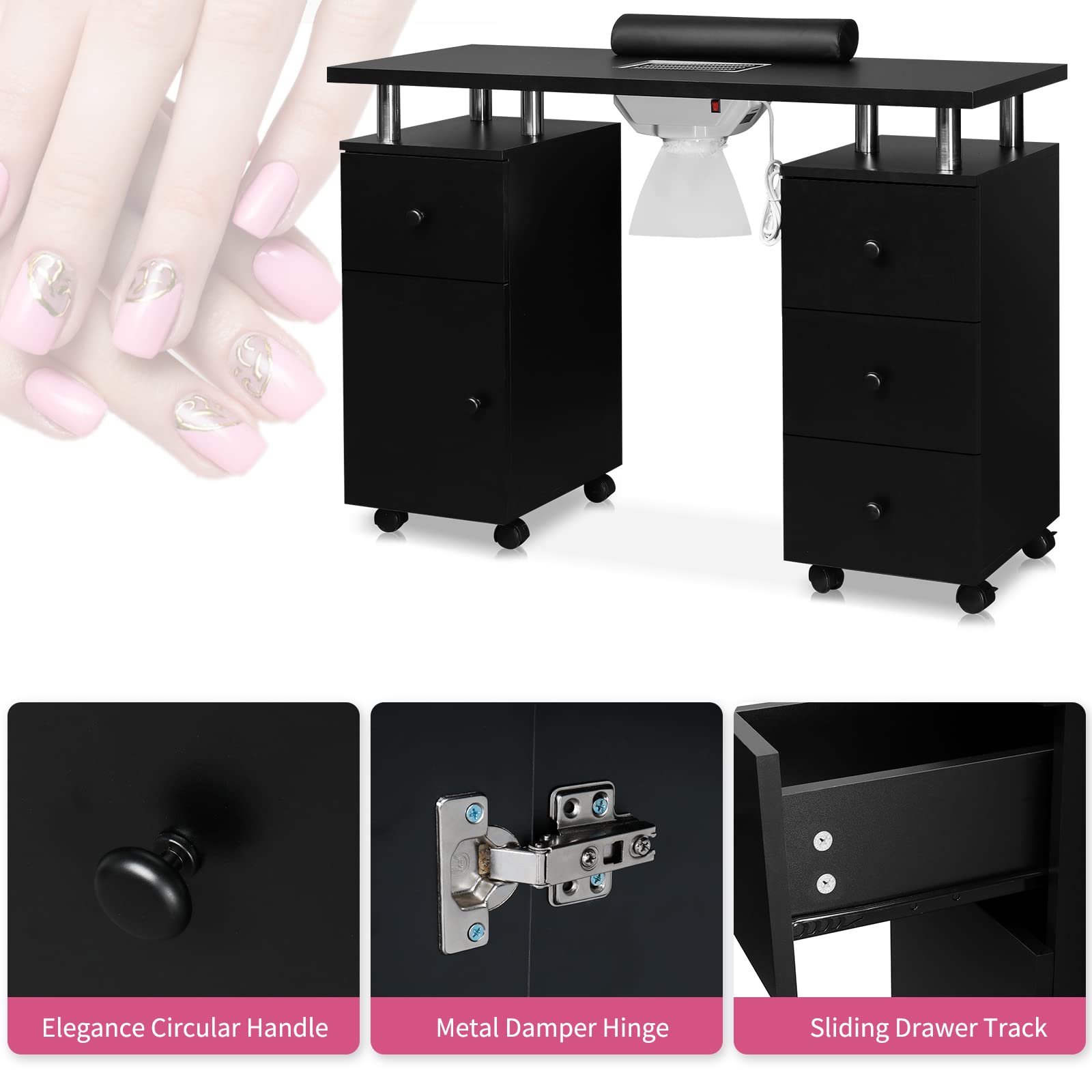 Omysalon MT-DC Nail Manicure Table w/Electric Dust Collector & Wrist Rest & 2 Open Spaces 1 Side Cabinet 4 Drawers