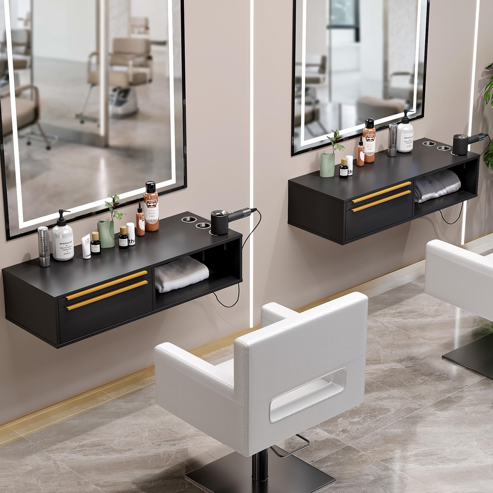 OmySalon WMSCOD Wall Mount Salon Styling Station with 2 Drawers 1 Open Shelf 3 Heat Resistant Dryer Holders