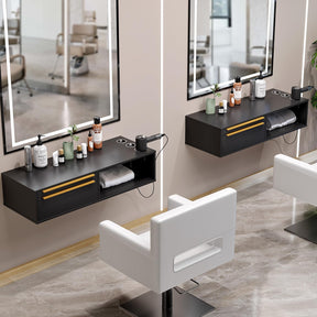 OmySalon WMSCOD Wall Mount Salon Styling Station with 2 Drawers 1 Open Shelf 3 Heat Resistant Dryer Holders