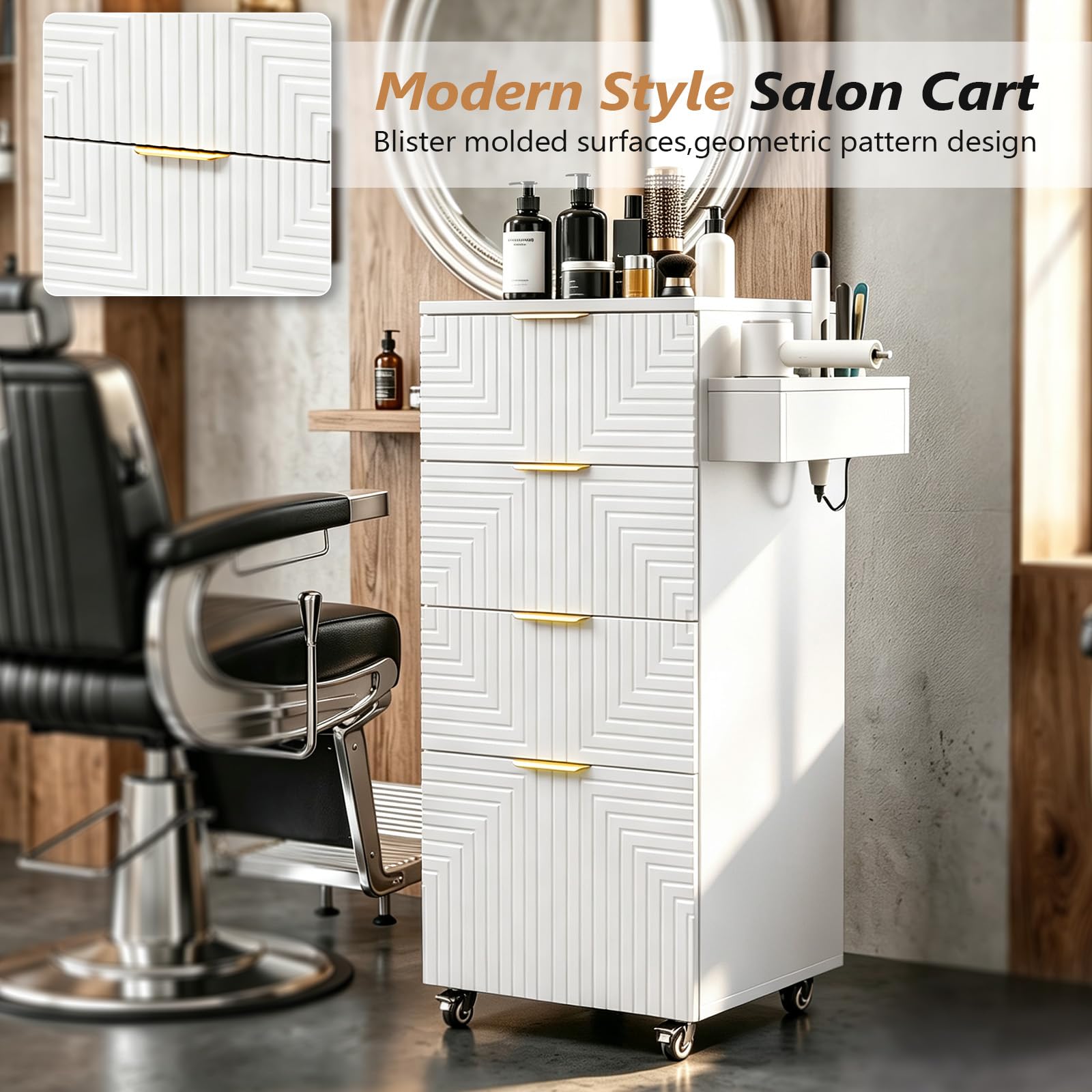OmySalon SCTSM Wooden Rolling Salon Trolley Cart with Wheels & 4 Drawers 3 Hot Tool Holders