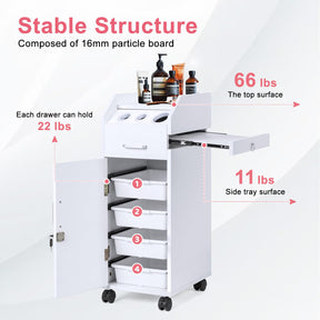 OmySalon Wooden Mobile Salon Trolley Cart w/Wheels & 4 Drawer Trays