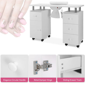 Omysalon MT-DC Nail Manicure Table w/Electric Dust Collector & Wrist Rest & 2 Open Spaces 1 Side Cabinet 4 Drawers