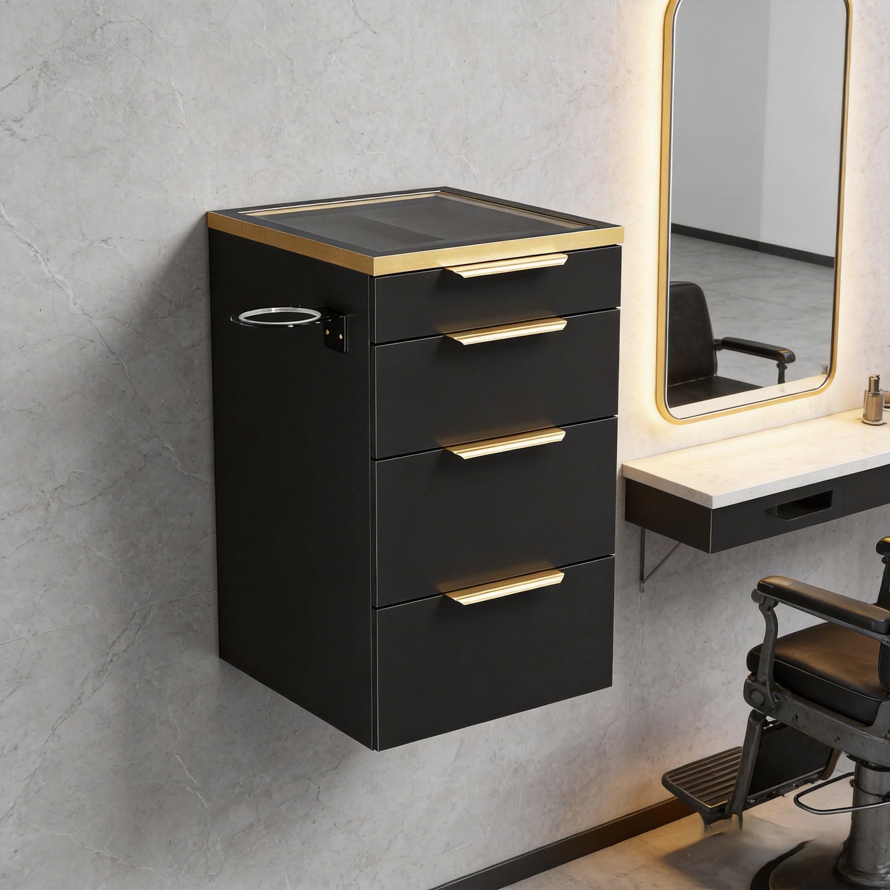 OmySalon WMBCWT Wall Mounted Salon Station with Tempered Glass Top & 4 Drawers Hair Dryer Holder