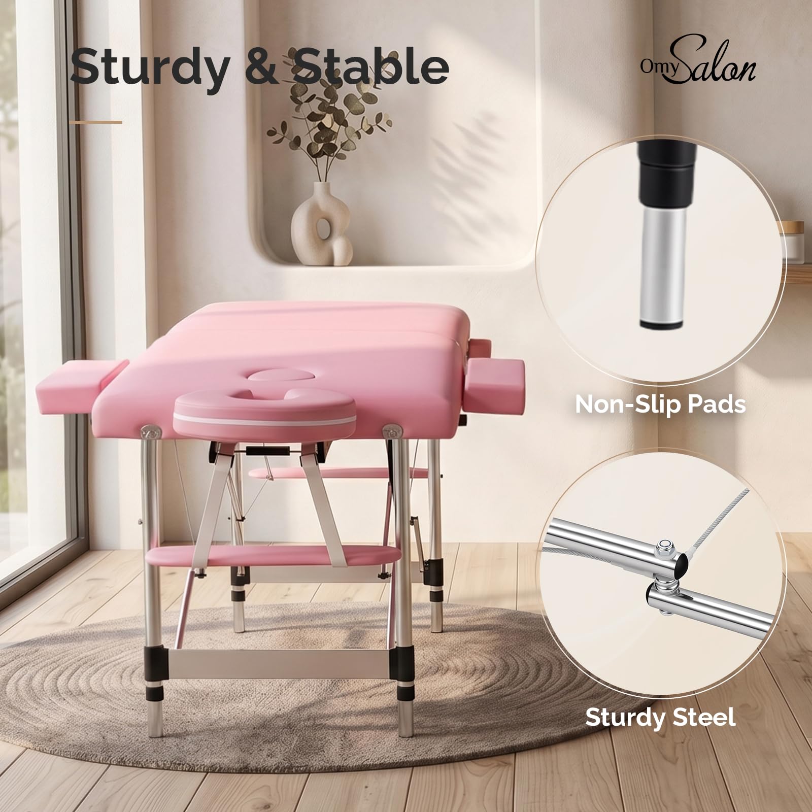 OmySalon FA-MB 84in Portable Height-Adjustable Physical Therapy Massage Table with Aluminum Frame, Face Cradle & Carrying Bag