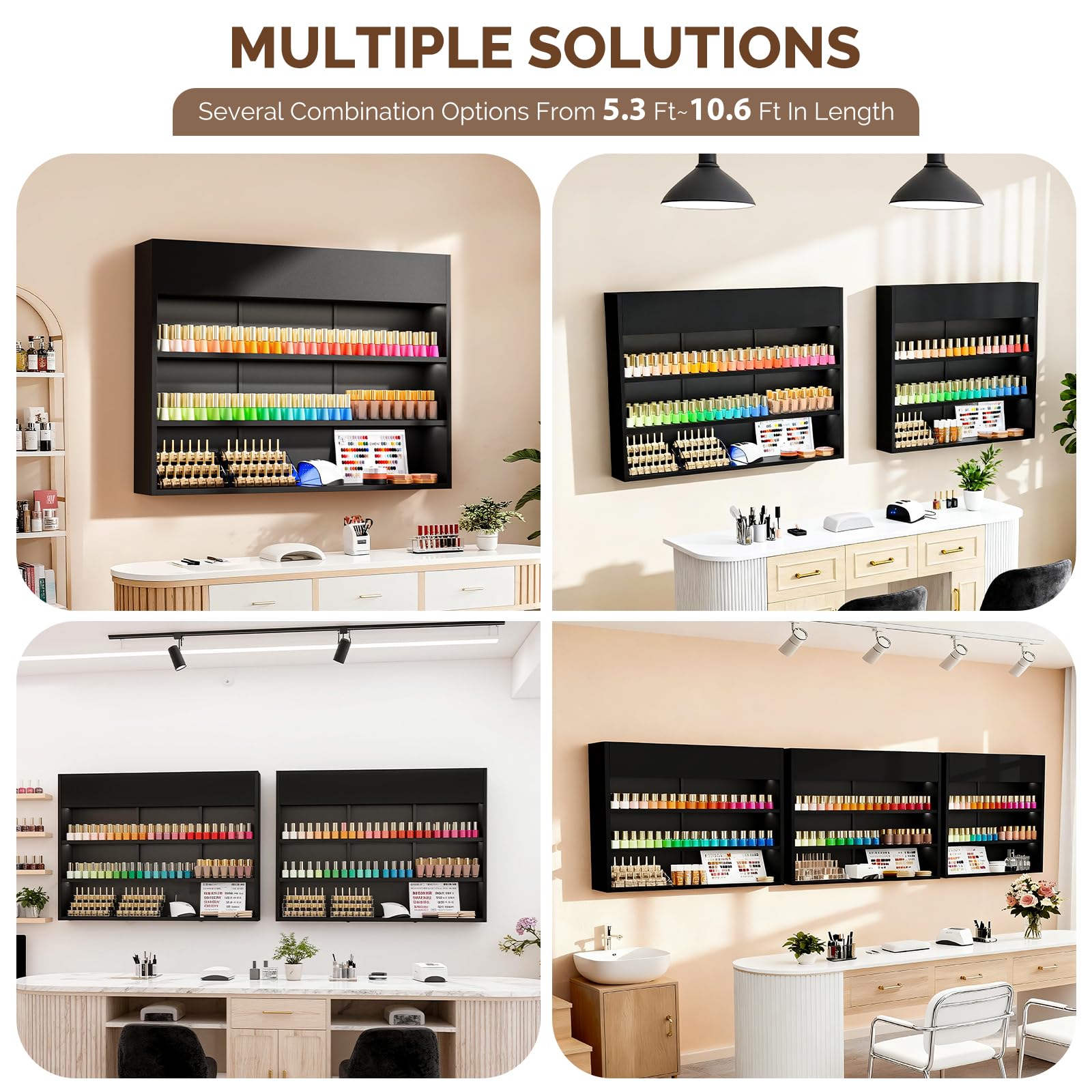 OmySalon 3-Tier Wall Mount LED Wooden Nail Polish Organizer Shelf with USB Touch Control