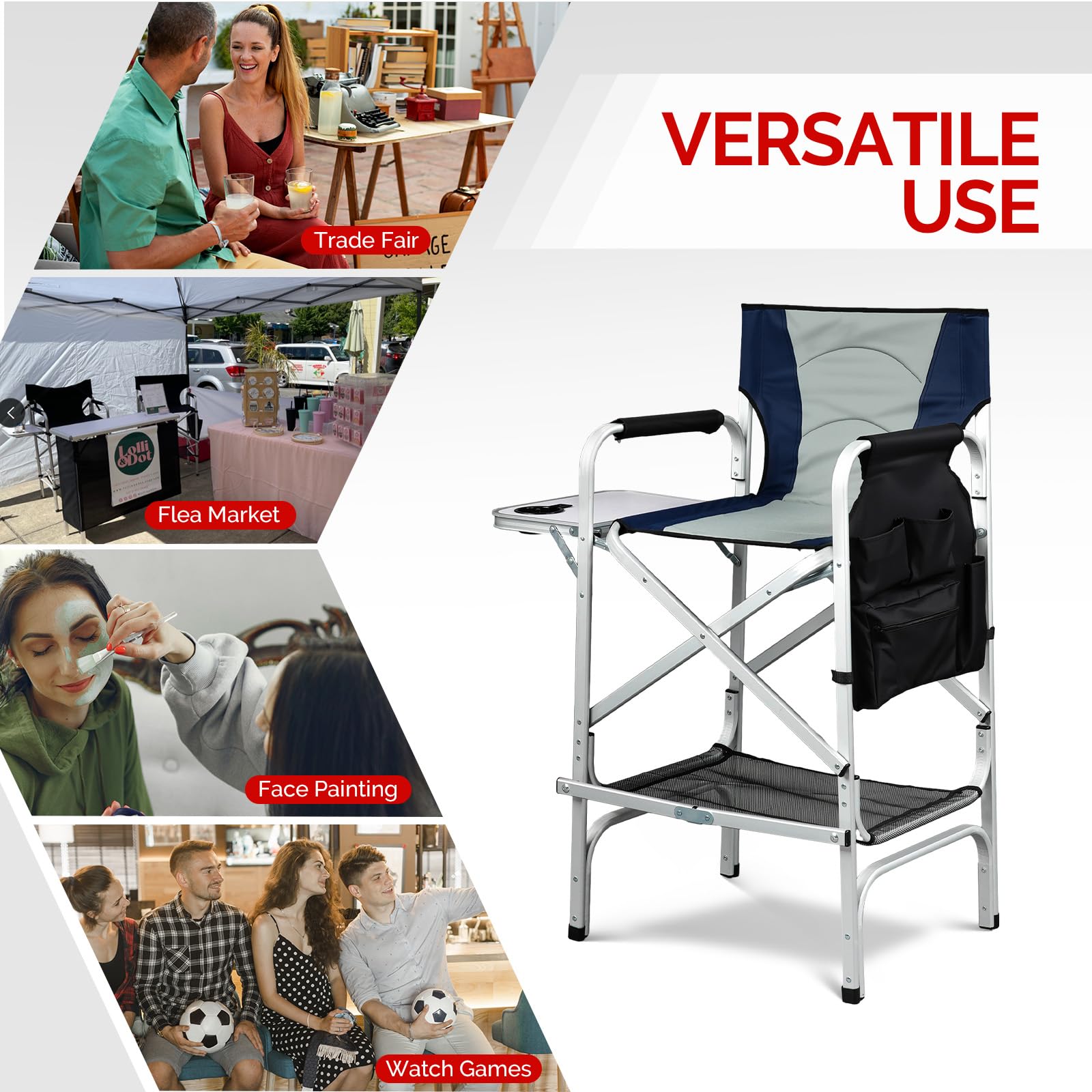 Omysalon 30in Portable Folding Director Chair with Collapsible Side Table