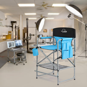 OmySalon 25in Portable Folding Director Chair with Retractable Side Tables & Side Bags