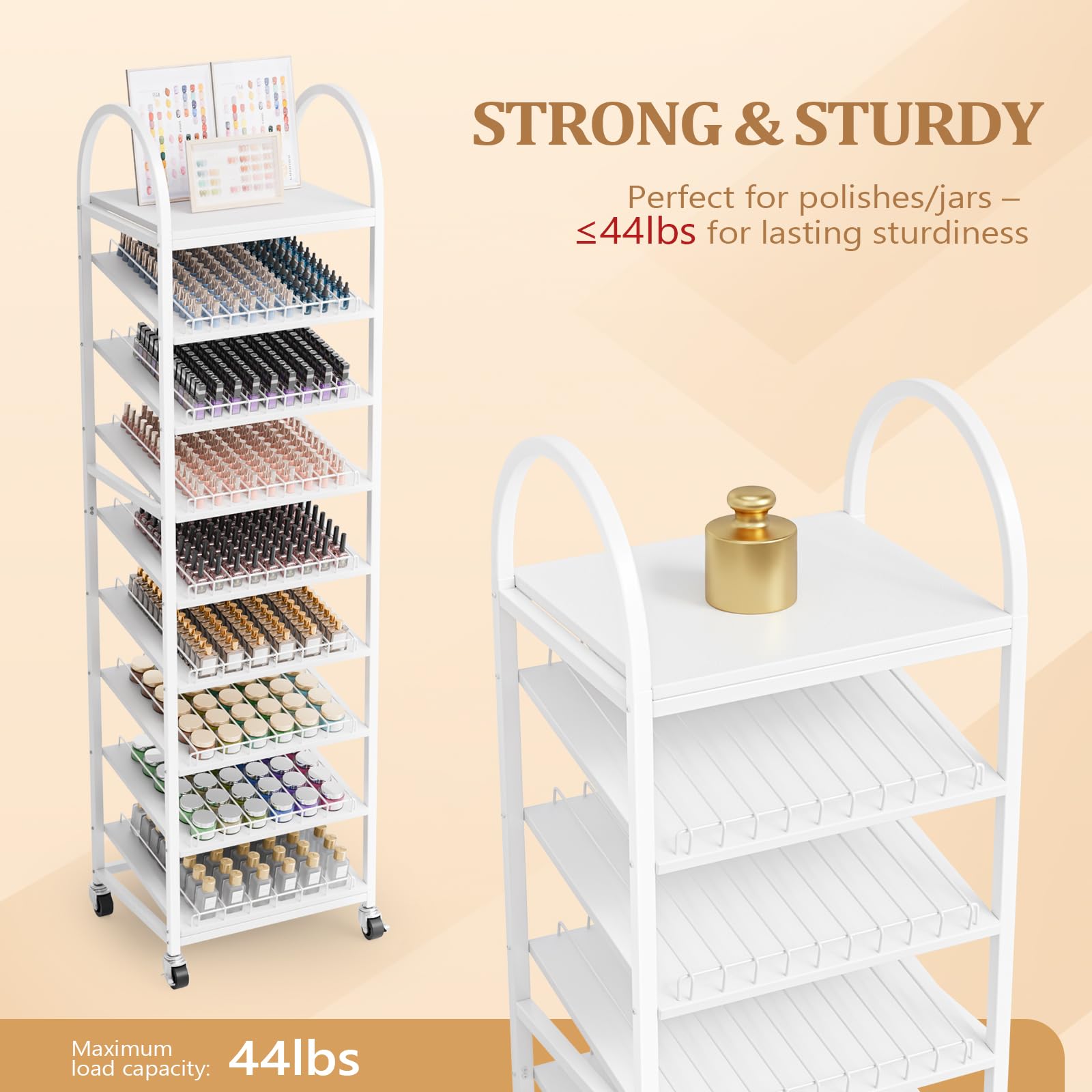 OmySalon 8-Tier Rolling Nail Polish & Powder Display Organizer Rack with Wheels