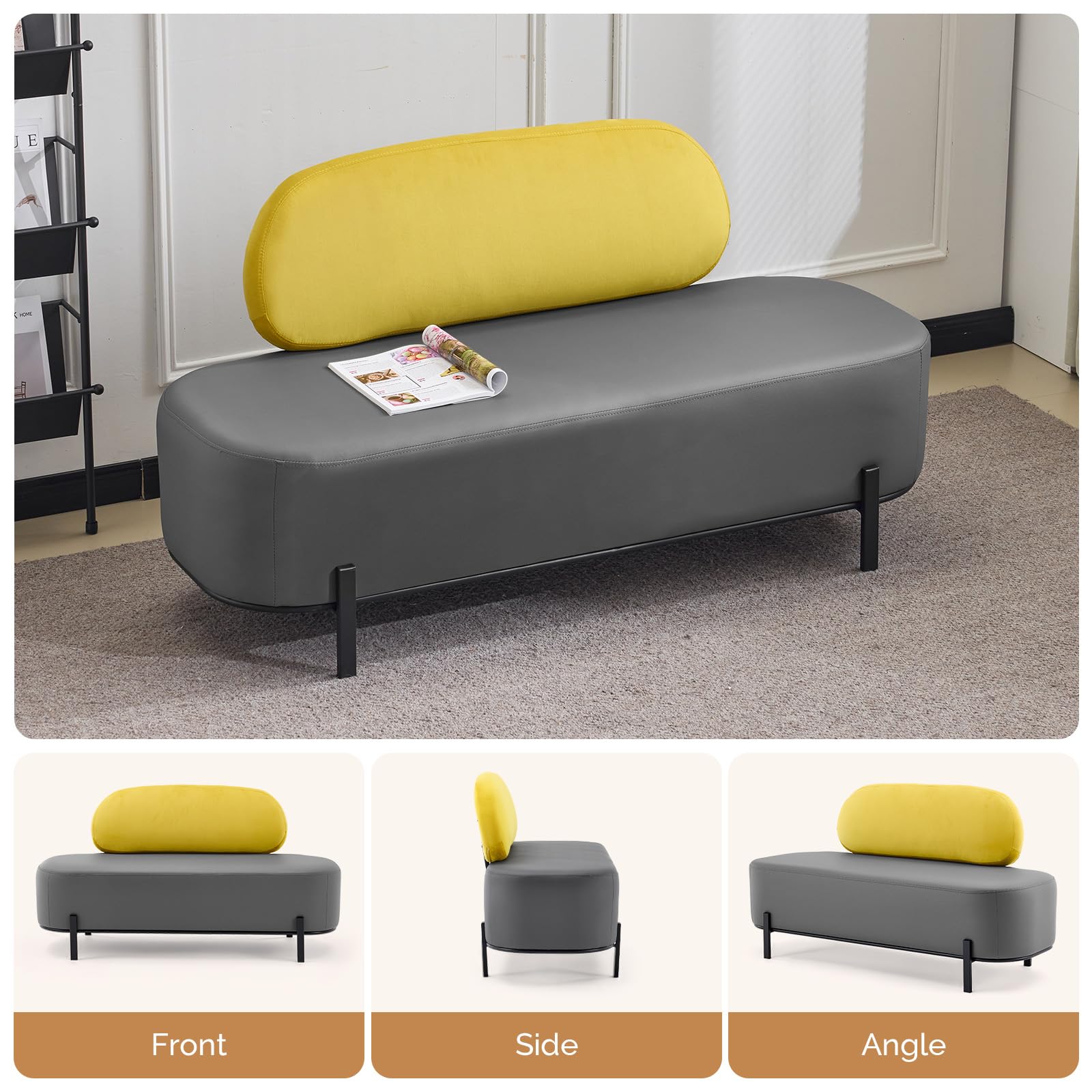 OmySalon WRB1801 55.1in Faux Leather Upholstered Waiting Room Reception Bench Chair with Backrest