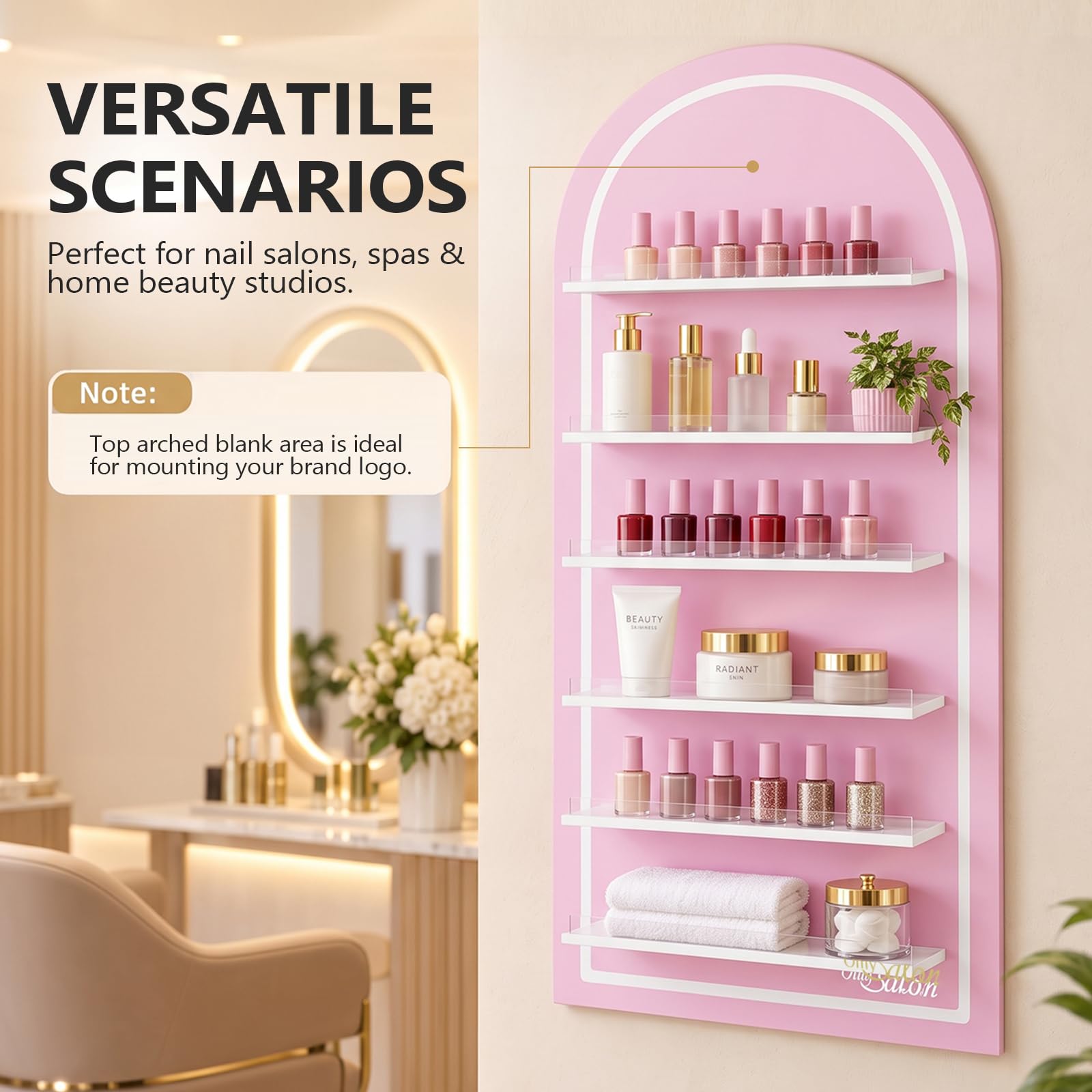 OmySalon Wall-Mounted Arched 6-Tier Nail Polish Rack With 5.5" Extra-Tall Shelves