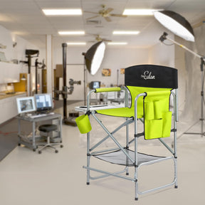 OmySalon 25in Portable Folding Director Chair with Retractable Side Tables & Side Bags