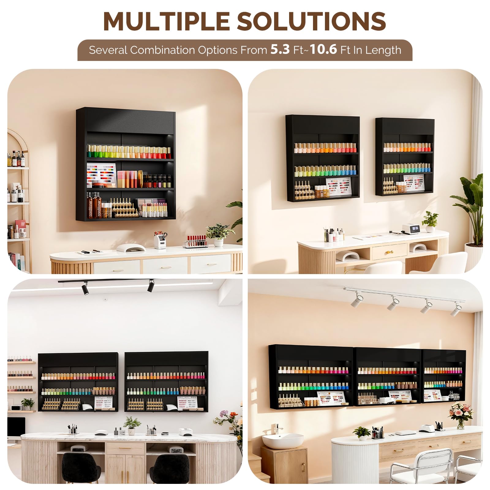 OmySalon 3-Tier Wall Mount LED Wooden Nail Polish Organizer Shelf with USB Touch Control