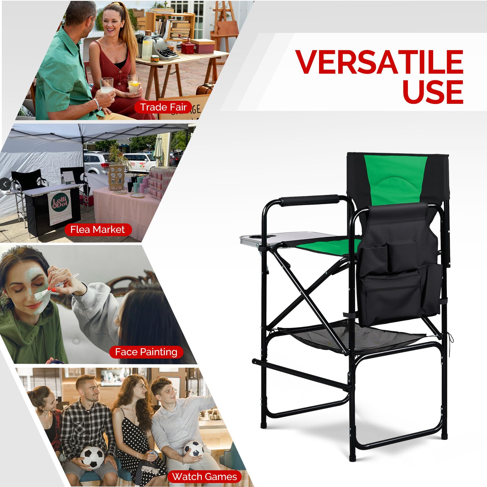 OmySalon Extra Tall 30.7in Folding Director Chair with Side Table & Storage Pockets