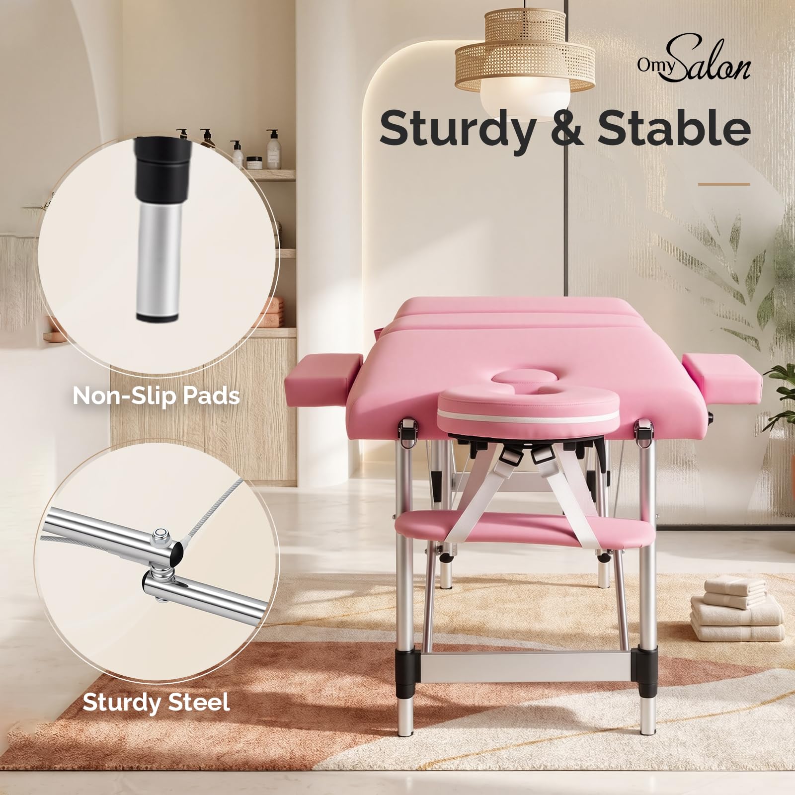 OmySalon FA-MB 84in Portable Height-Adjustable Physical Therapy Massage Table with Aluminum Frame, Face Cradle & Carrying Bag