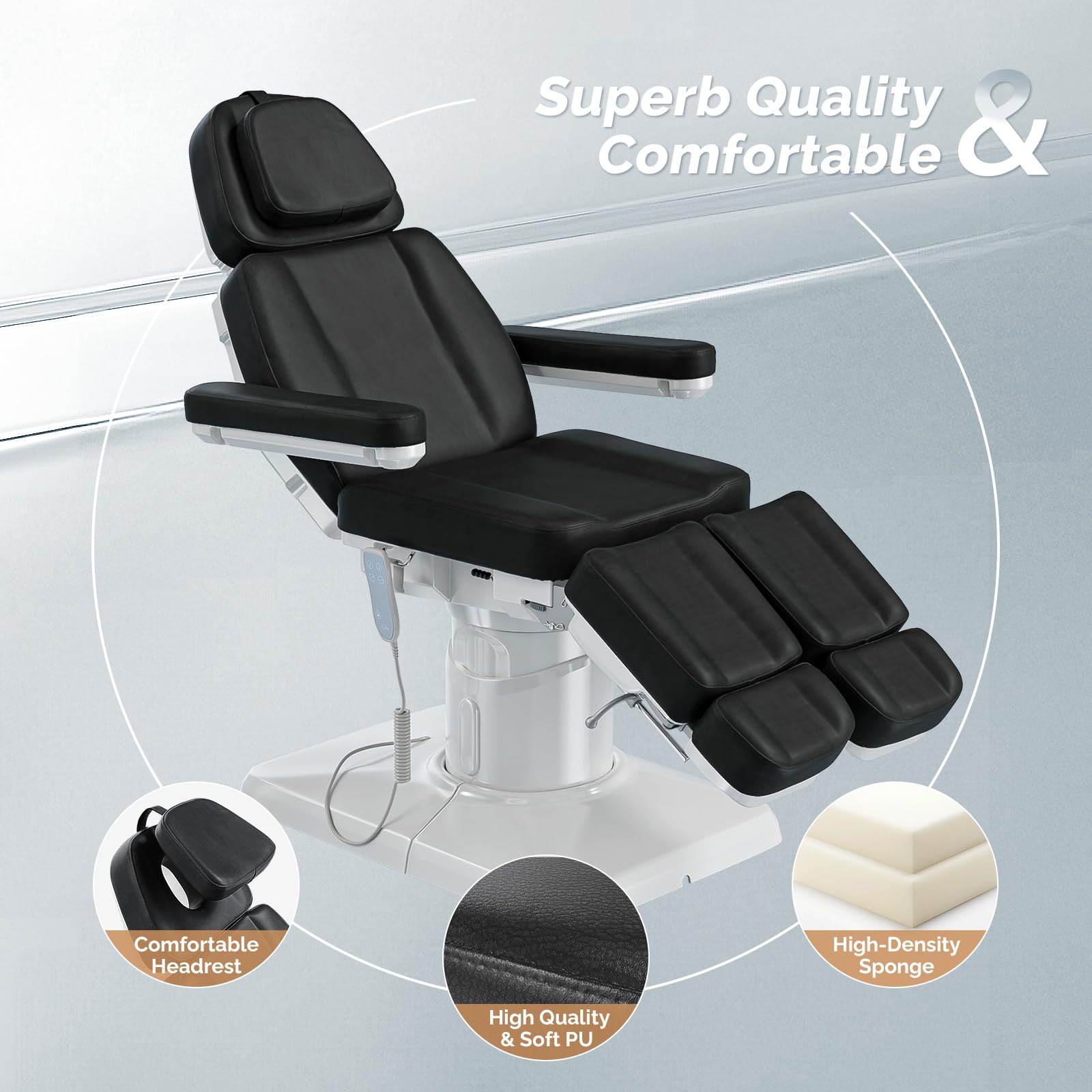 OmySalon LBTC2 73in Electric Tattoo Facial Bed with 2 Motors, Remote One-touch Operate, 90° Rotation and Adjustable Split Legs