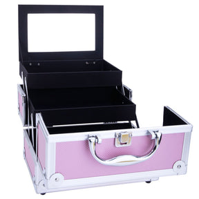 OmySalon Portable Handle Large Storage Lockable Cosmetic Makeup Train Case with Mirror Lock Pink/Silver/Black