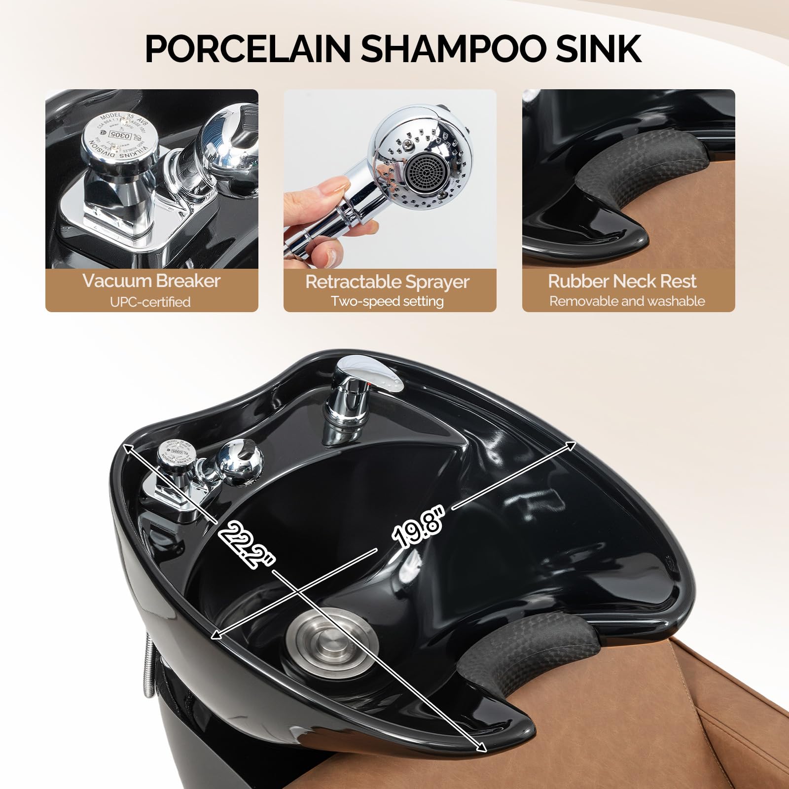 OmySalon BU1221 Salon Shampoo Backwash Chair Unit with Ceramic Shampoo Bowl & Adjustable Footrest