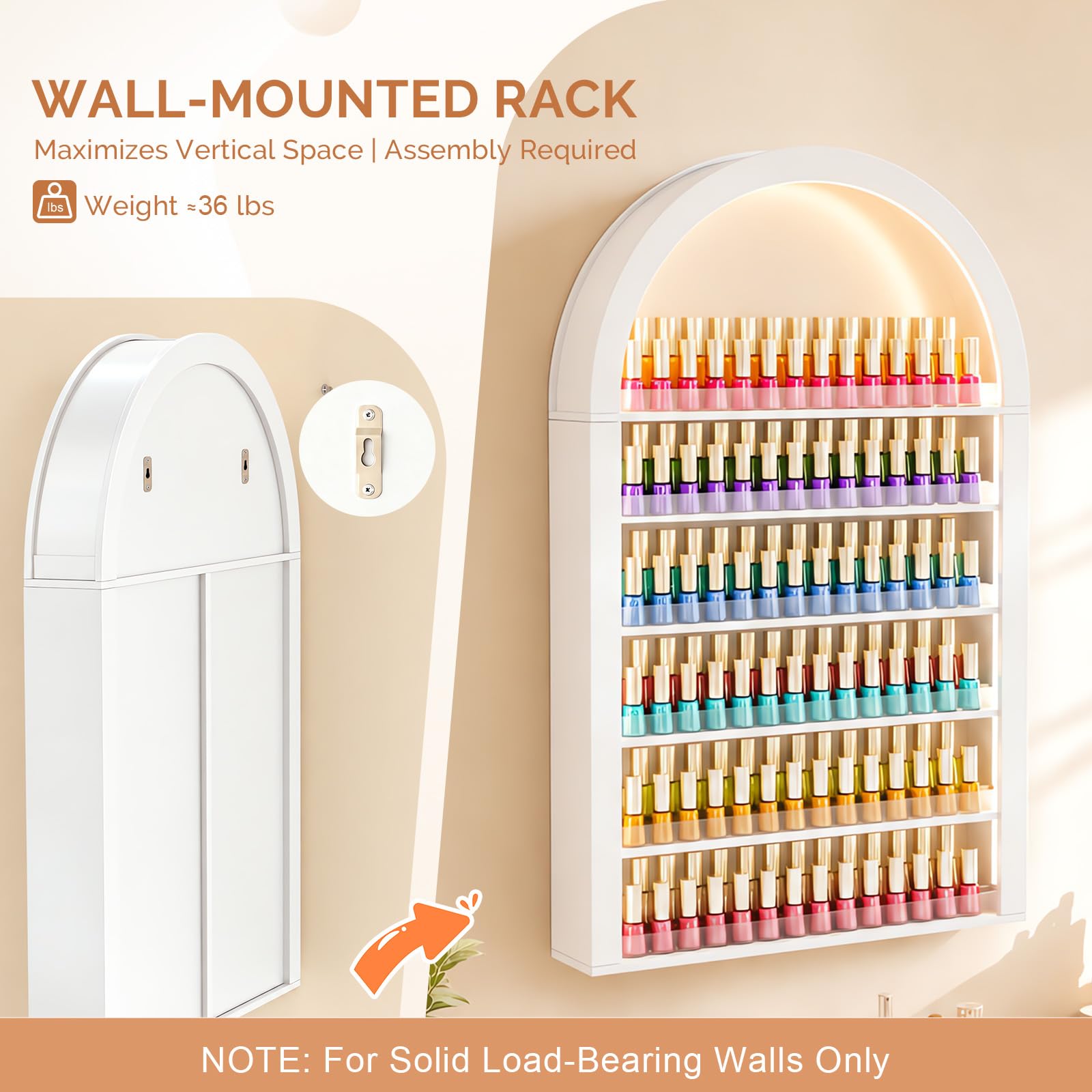 OmySalon Wall-Mounted Double 6-Tier Arched Nail Polish Organizer Rack With Led Lighting