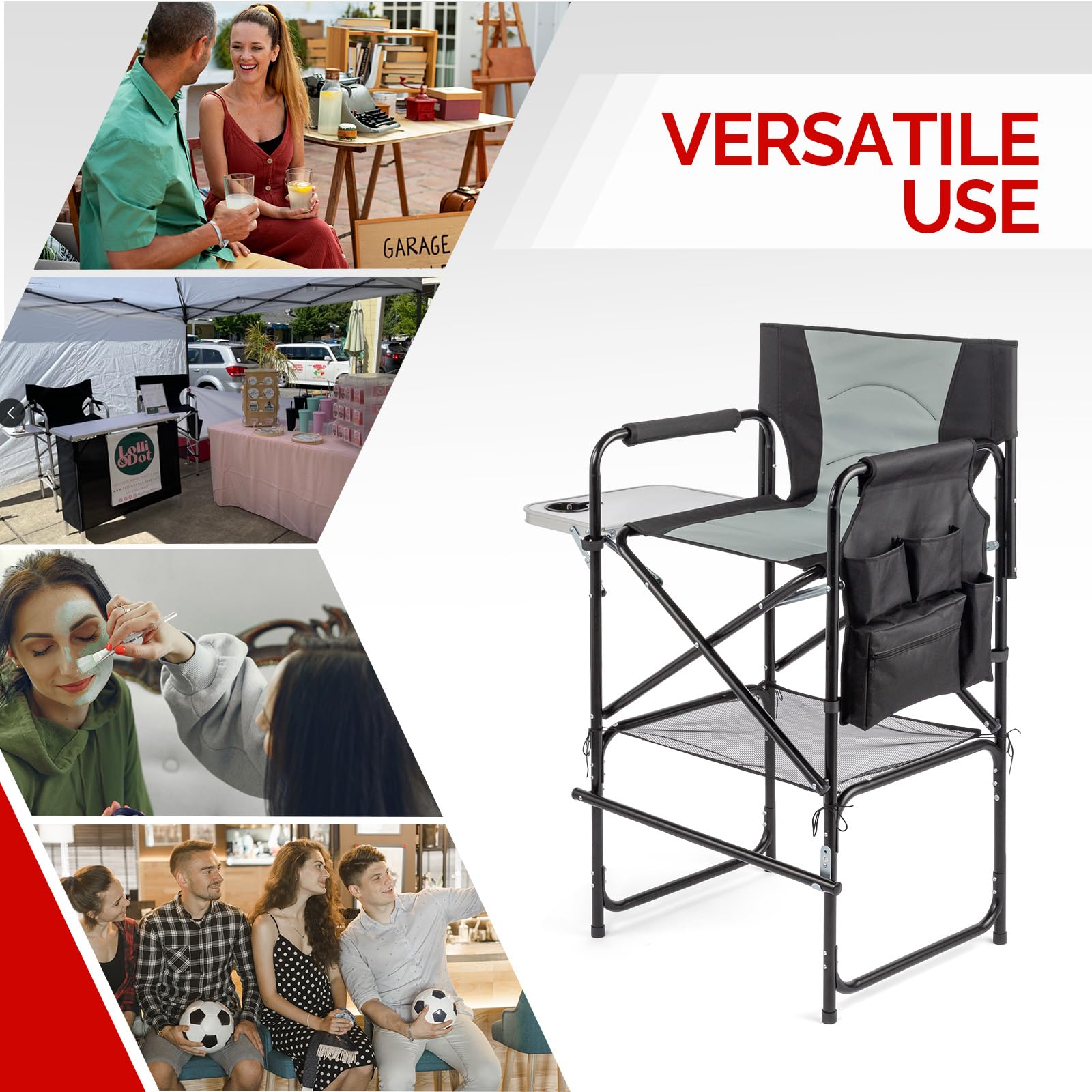 OmySalon 30in Portable Director Chair Folding Makeup Artist Chair with Side Table & Side Storage Bag