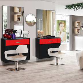 OmySalon Wall Mount Salon Station with Mirror 1 Drawer 1 Storage Cabinet 2 Hair Dryer Holders Black/Black & Red