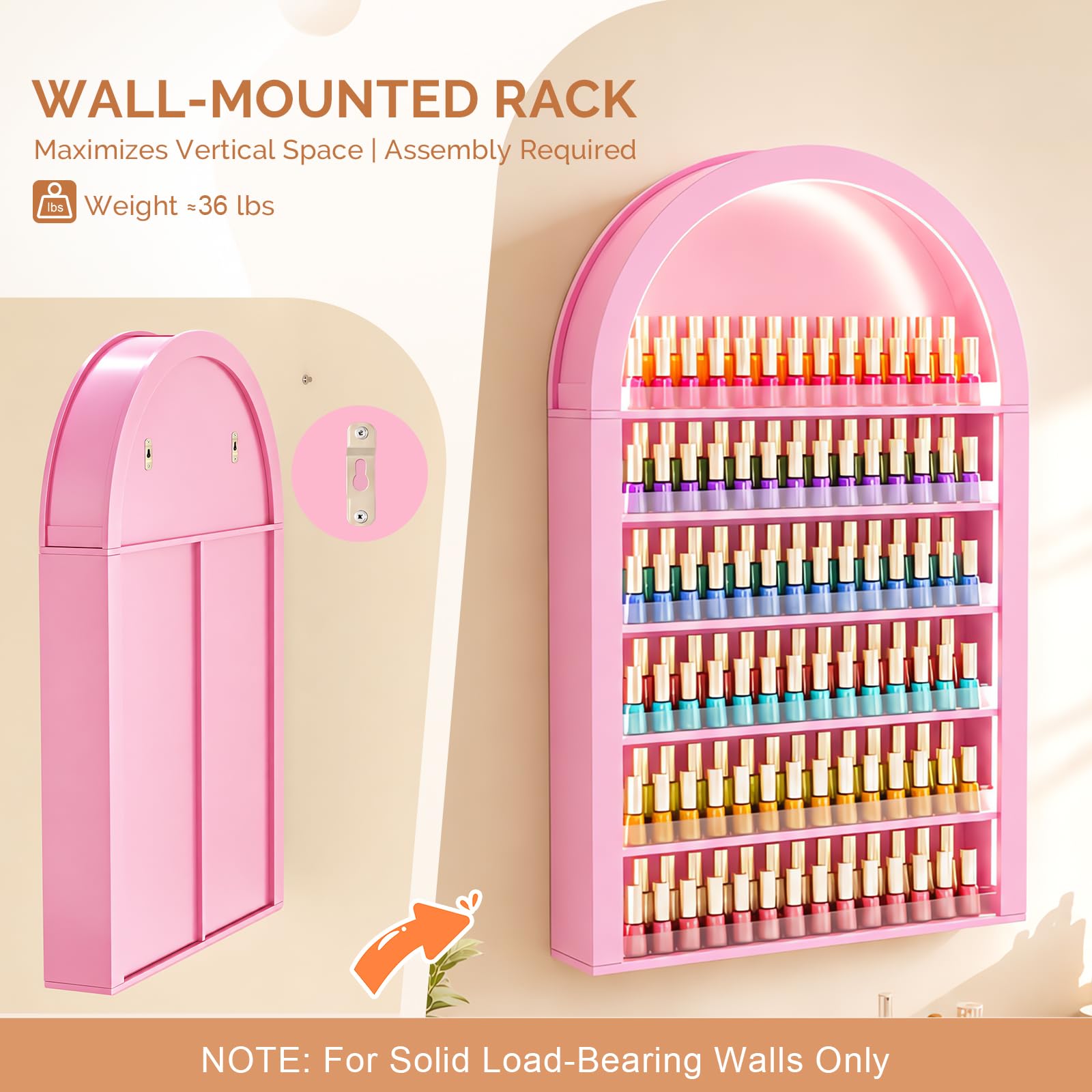 OmySalon Wall-Mounted Double 6-Tier Arched Nail Polish Organizer Rack With Led Lighting