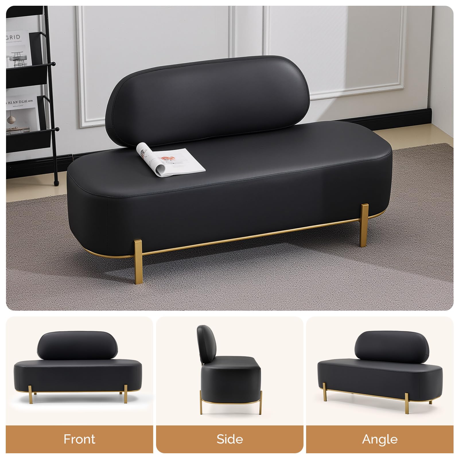 OmySalon WRB1801 55.1in Faux Leather Upholstered Waiting Room Reception Bench Chair with Backrest