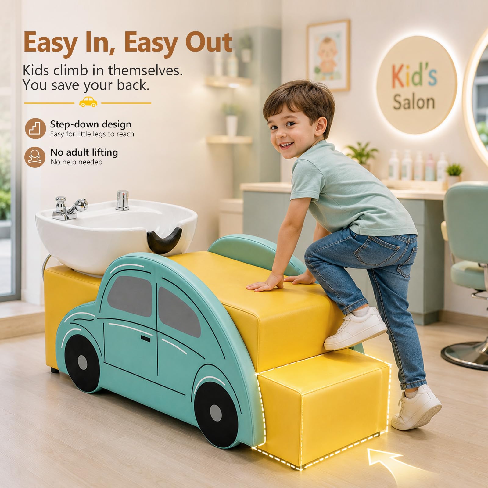 OmySalon BU2802 Child Shampoo Bowl and Chair Backwash Unit with Ceramic Bowl & Reclining Car Seat