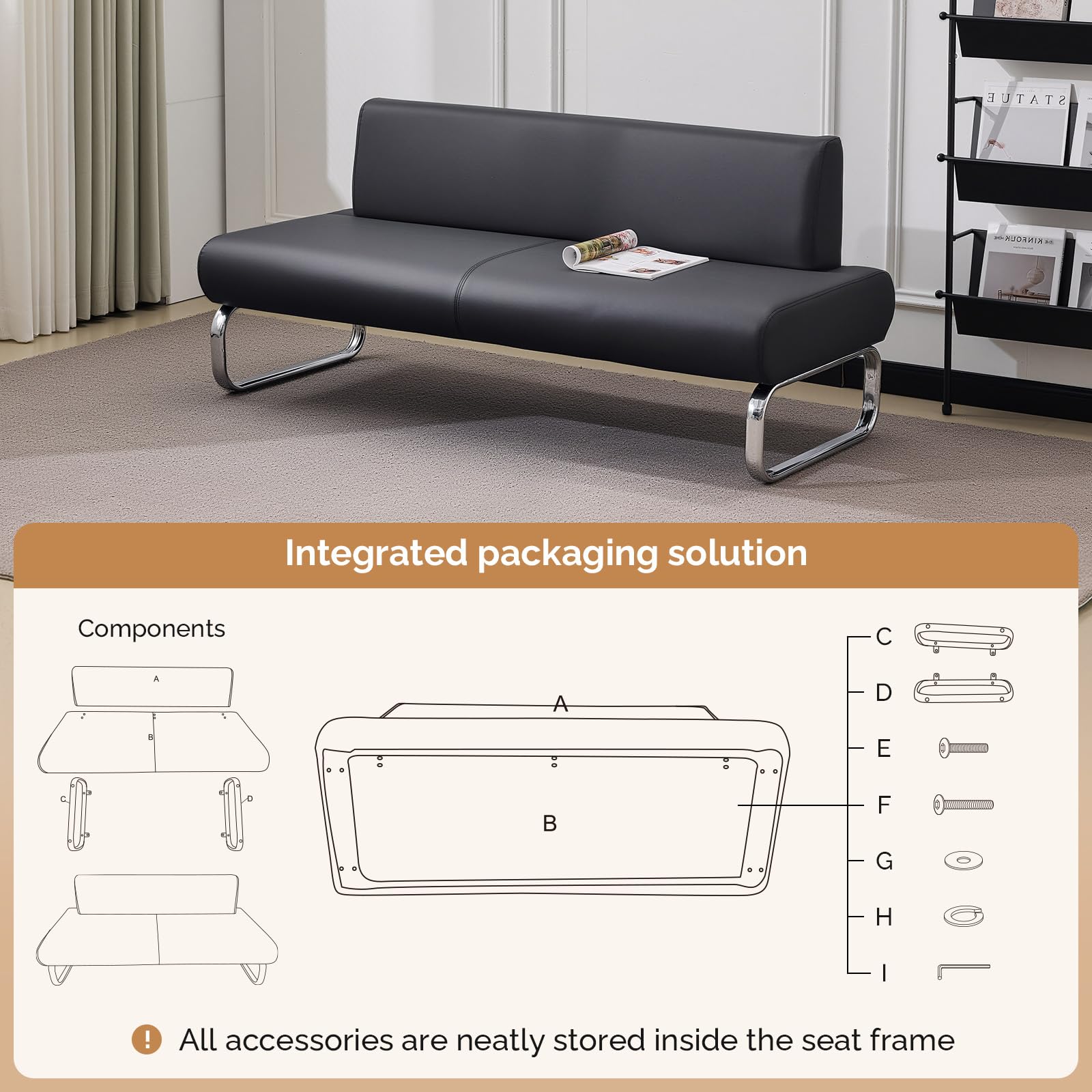 OmySalon WRB2001 Modern 59in Faux Leather Waiting Room Reception Bench Chair with Backrest