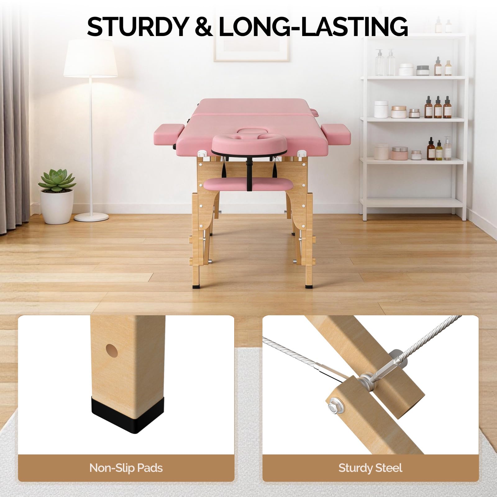 OmySalon 2FBW 84in 2-Fold Portable Physical Therapy Massage Table with Carrying Bag, Face Cradle & Wooden Frame