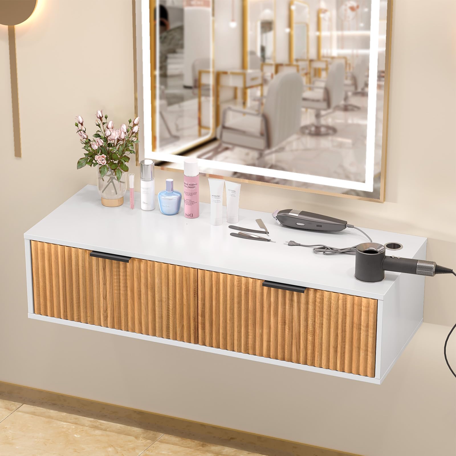 OmySalon WMSCTD Modern Retro Wall Mount Salon Styling Station with 2 Drawers 3 Heat-Resistant Tool Holders
