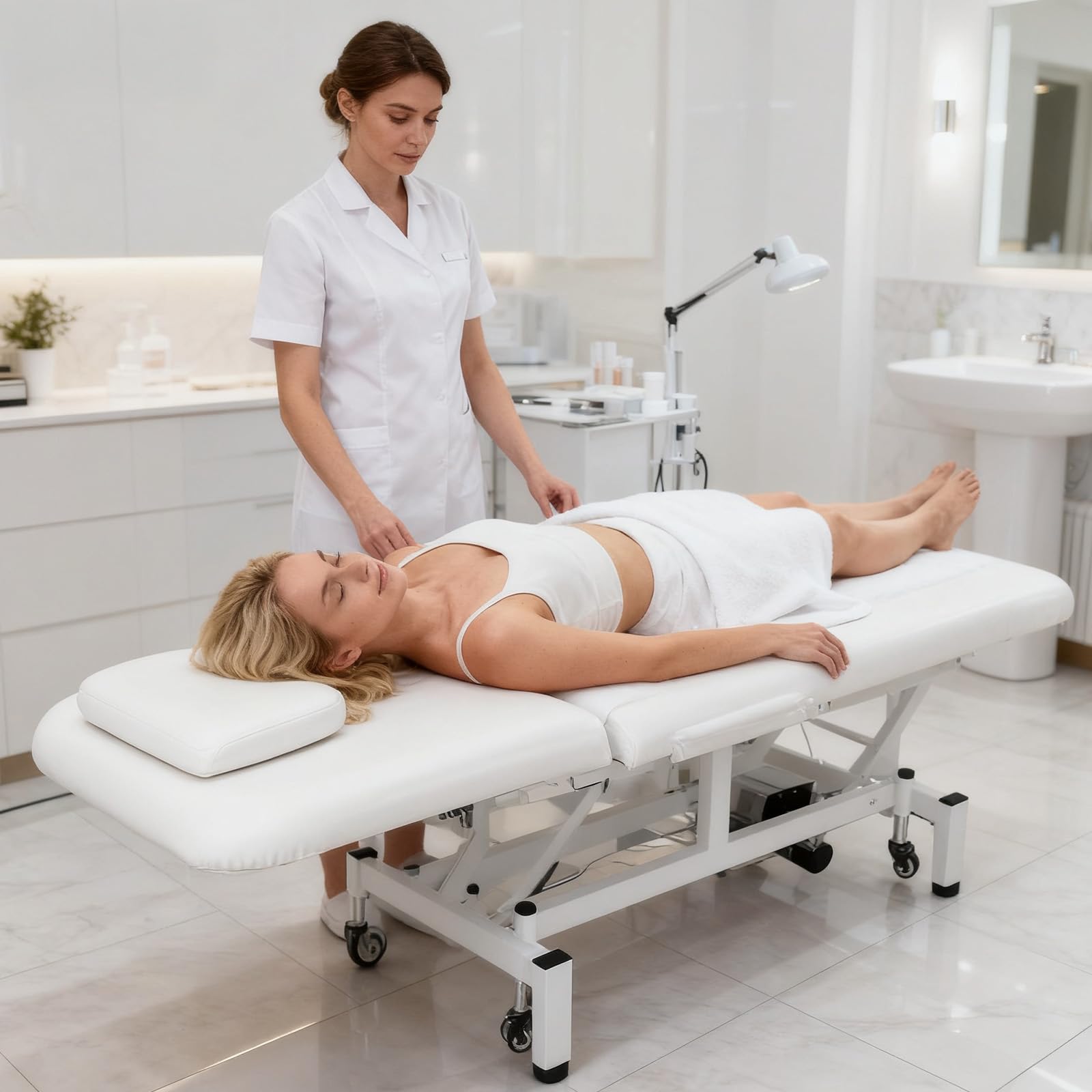 OmySalon MTB-W 71in Heavy Duty Electric Dual-Motor Remote Control Physical Therapy Massage Table with Adjustable Height & Backrest