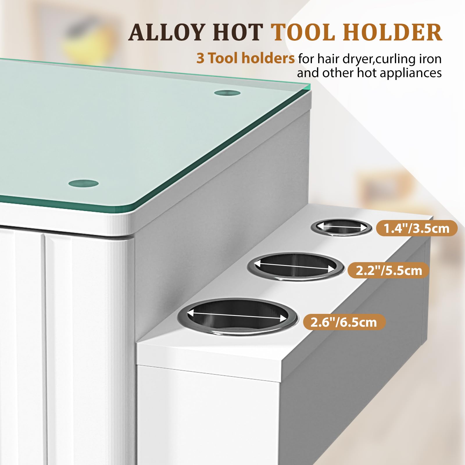 OmySalon SCGFD Modern Retro Salon Styling Station with Glass Top, 4 Drawers & 3 Hot Tool Holders