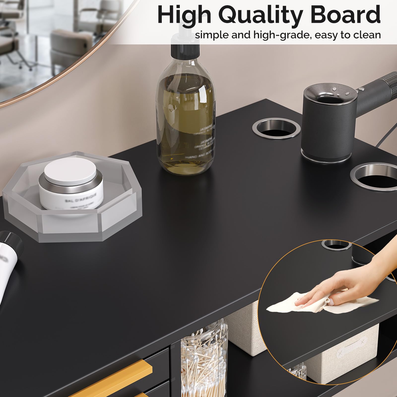 OmySalon WMSCOD Wall Mount Salon Styling Station with 2 Drawers 1 Open Shelf 3 Heat Resistant Dryer Holders