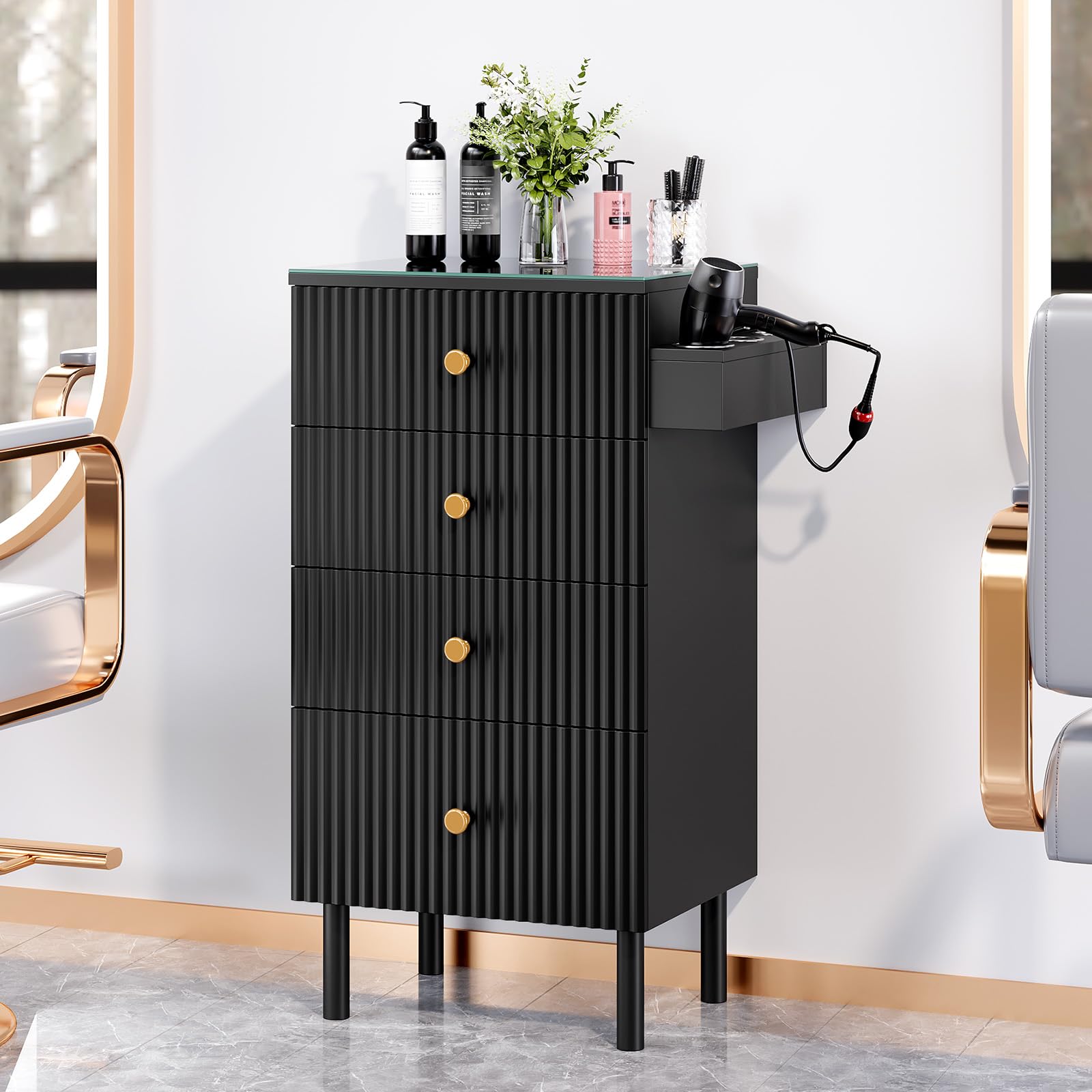 OmySalon SCWG Salon Styling Storage Station with Removable Glass Top & 4 Drawers 3 Hot Tool Holders