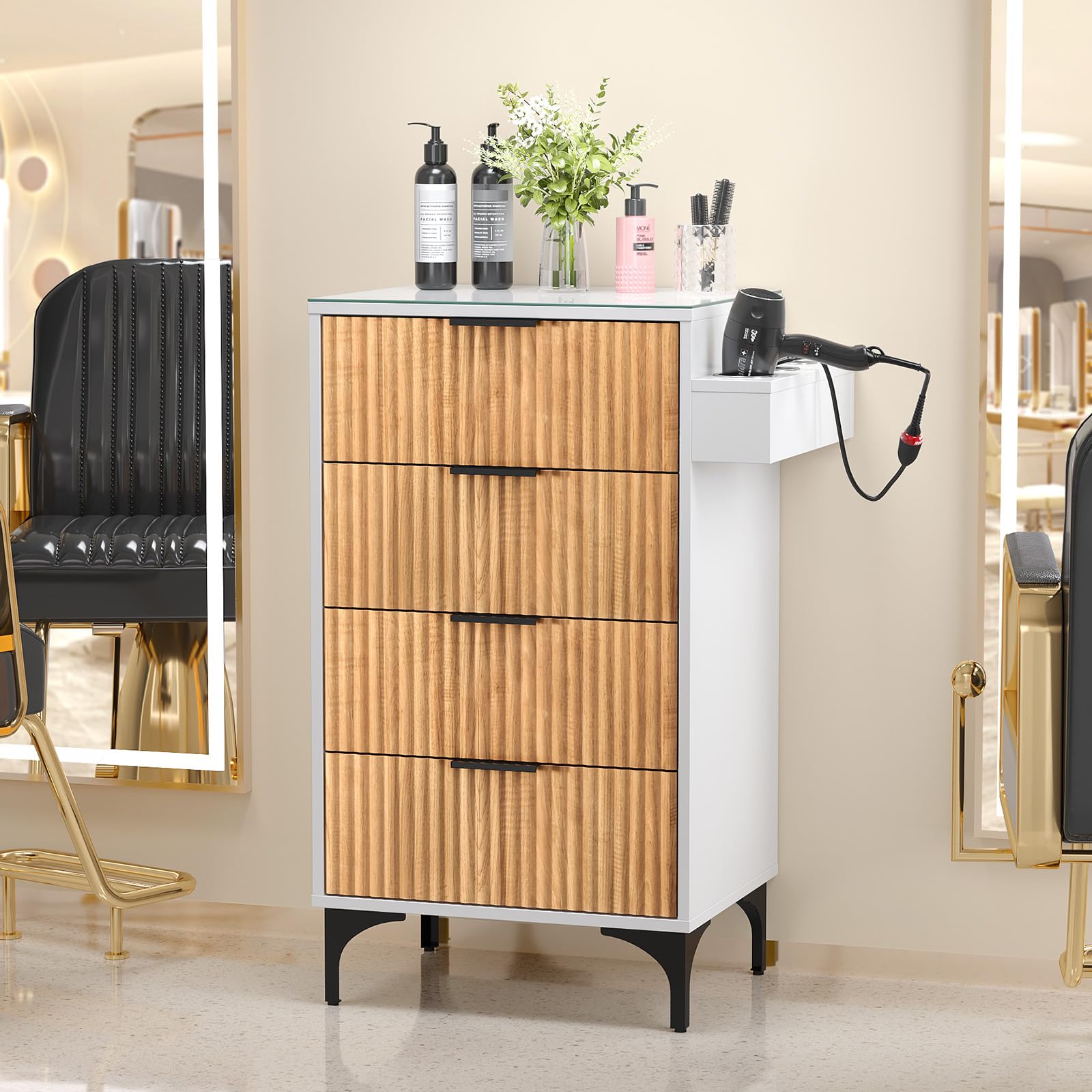 OmySalon SCWFD Modern Retro Style Salon Styling Storage Station Cabinet with Removable Glass Top & 4 Drawers 3 Hot Tool Holders