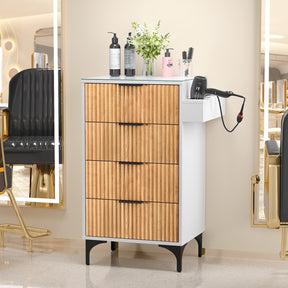 OmySalon SCWFD Modern Retro Style Salon Styling Storage Station Cabinet with Removable Glass Top & 4 Drawers 3 Hot Tool Holders