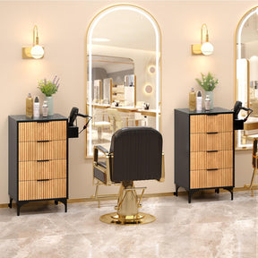 OmySalon SCWFD Modern Retro Style Salon Styling Storage Station Cabinet with Removable Glass Top & 4 Drawers 3 Hot Tool Holders