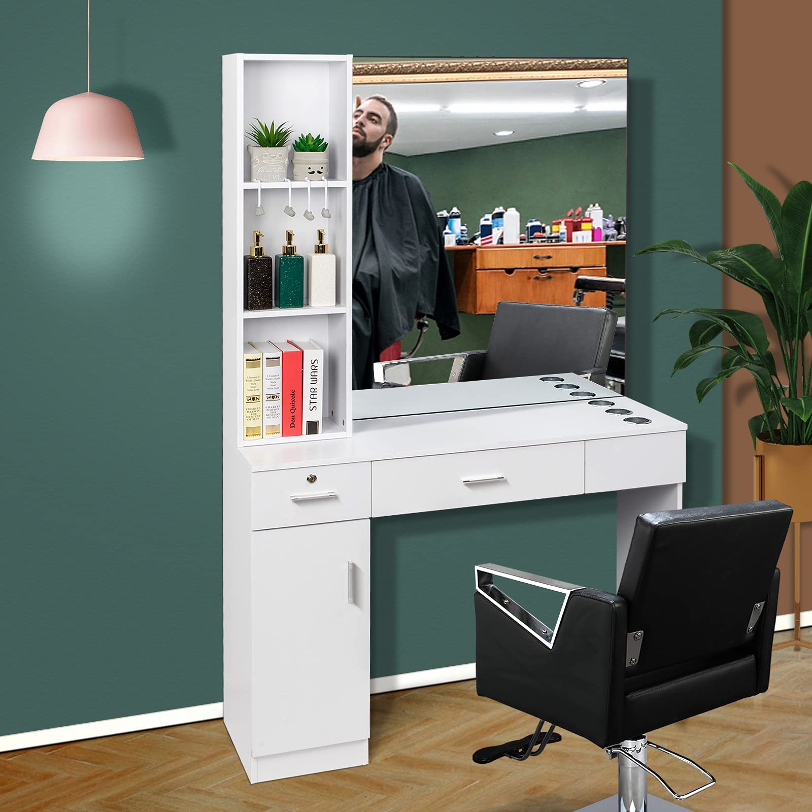 OmySalon Wall Mount Barber Station with Mirror, Support Leg & Mirror Black/Red & Black