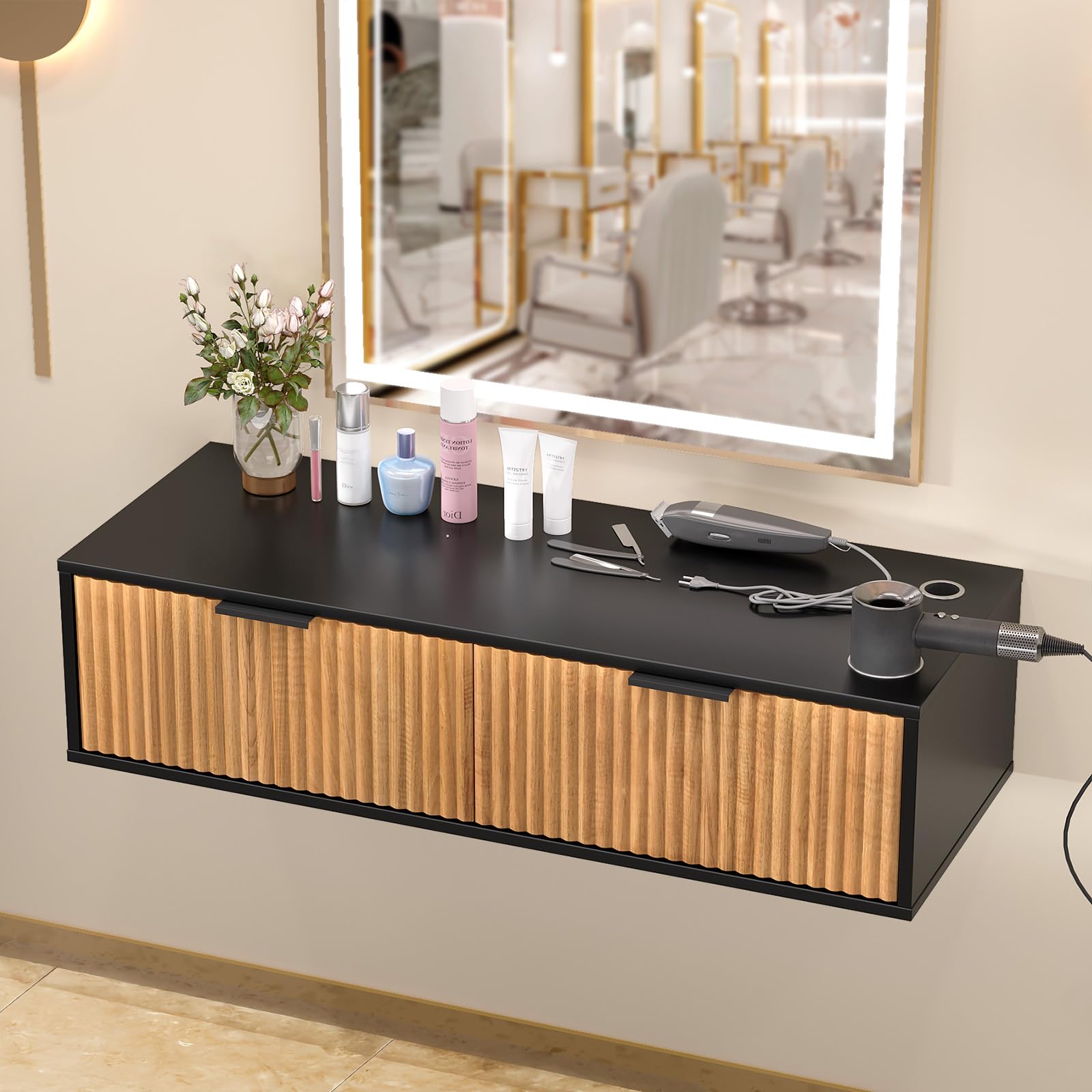 OmySalon WMSCTD Modern Retro Wall Mount Salon Styling Station with 2 Drawers 3 Heat-Resistant Tool Holders