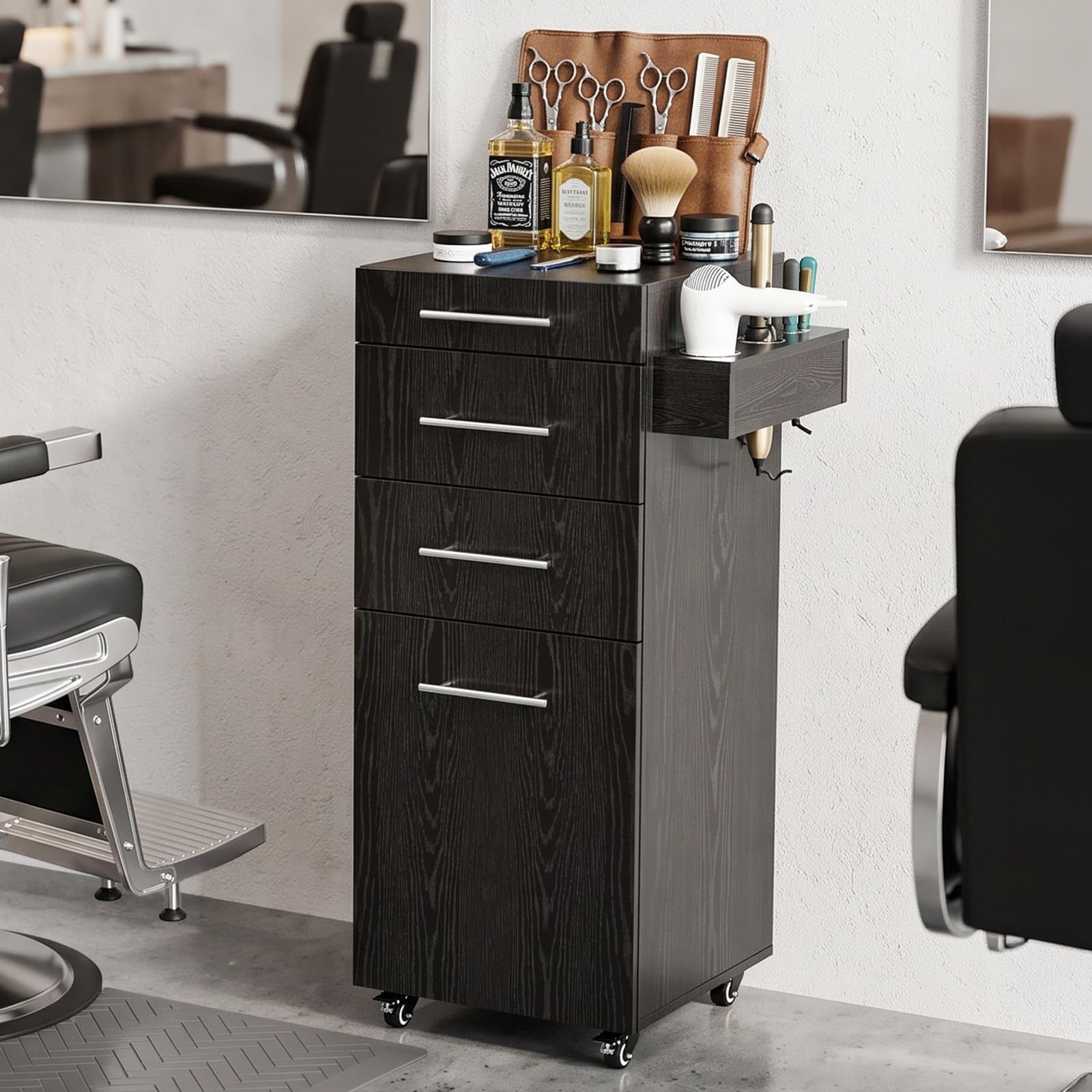 OmySalon SCTDOC Wooden Salon Trolley Cart with Wheels, 3 Drawers, Adjustable Shelf & Tool Holders