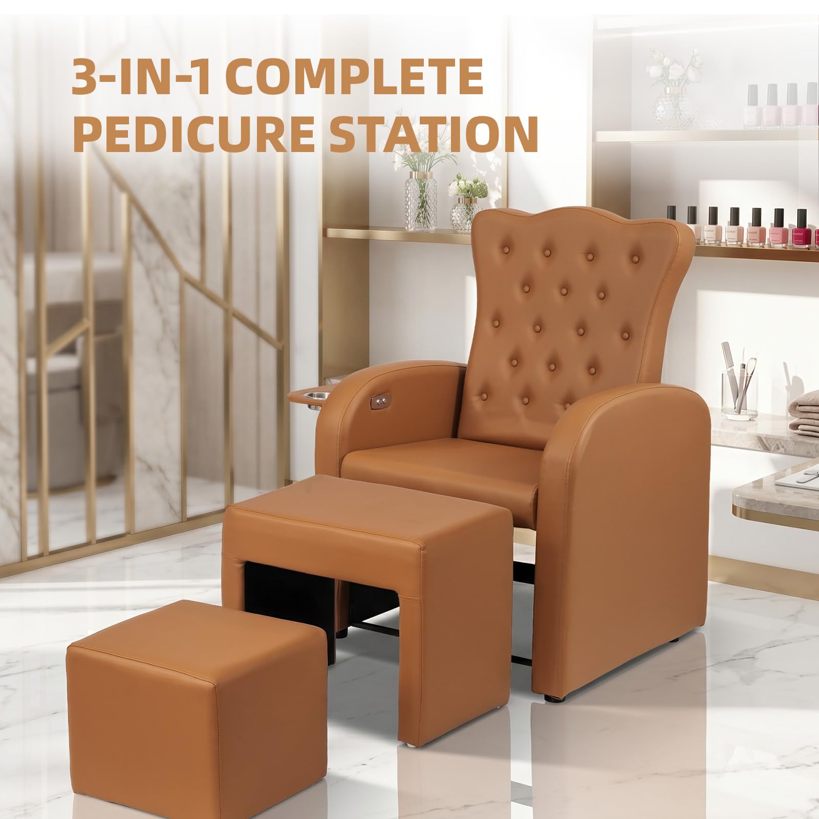 OmySalon PCE-BD 3-in-1 Plumbless Electric Pedicure Chair With Technician Stool Footrest And Adjustable Backrest
