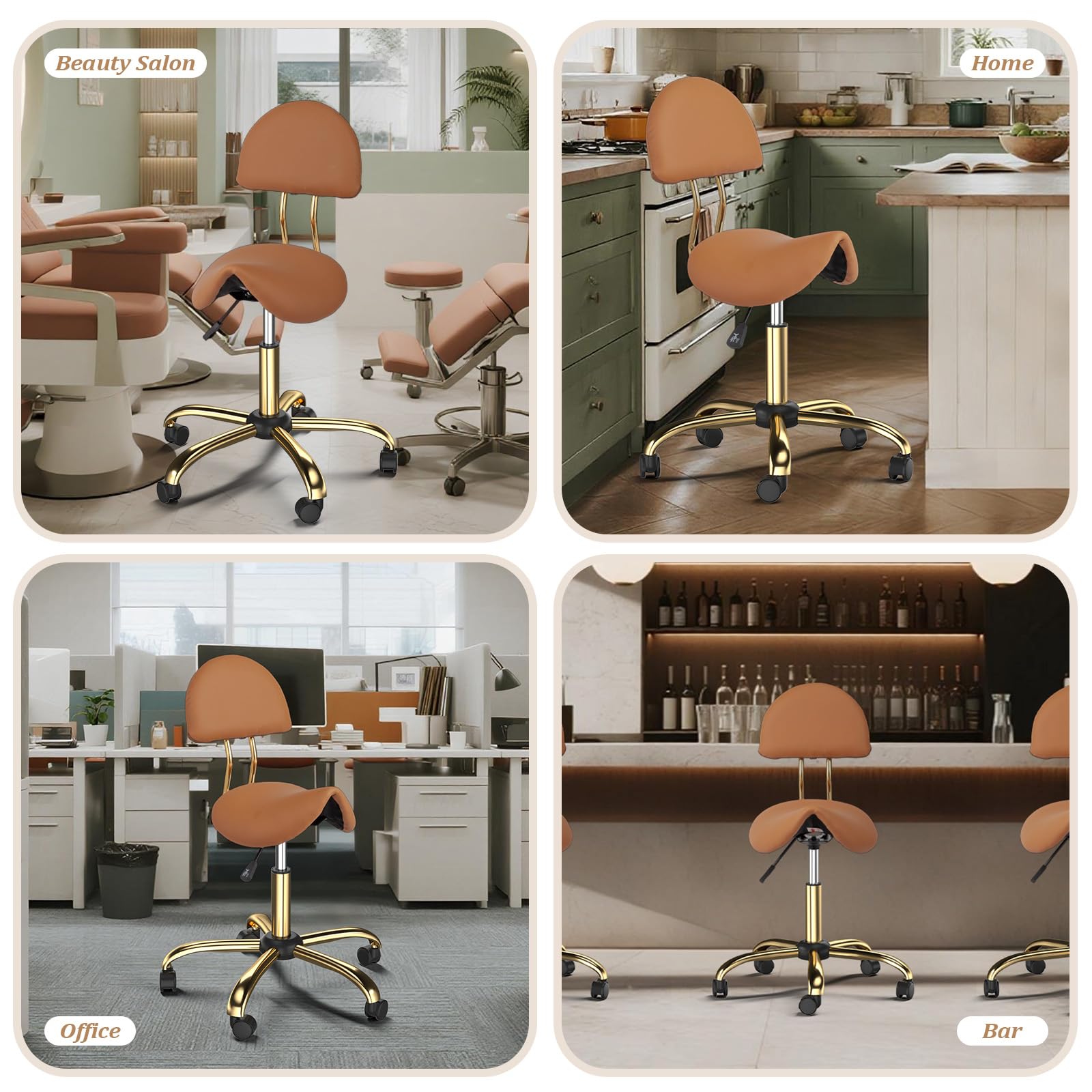 OmySalon Hydraulic Adjustable Rolling Saddle Stool with Back Support