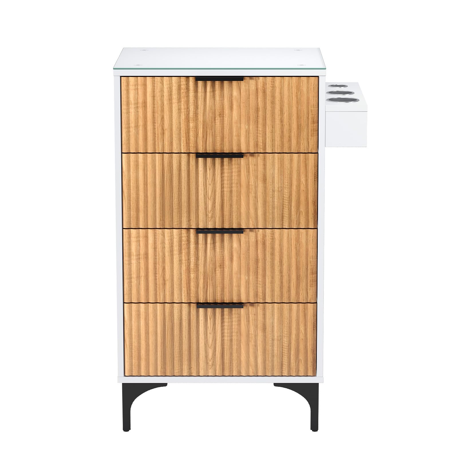 OmySalon SCWFD Modern Retro Style Salon Styling Storage Station Cabinet with Removable Glass Top & 4 Drawers 3 Hot Tool Holders