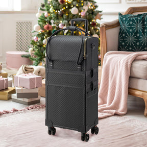 OmySalon 4-in-1 Portable Lockable Rolling Makeup Train Case with 4 Top Trays & 1 Deep Drawer